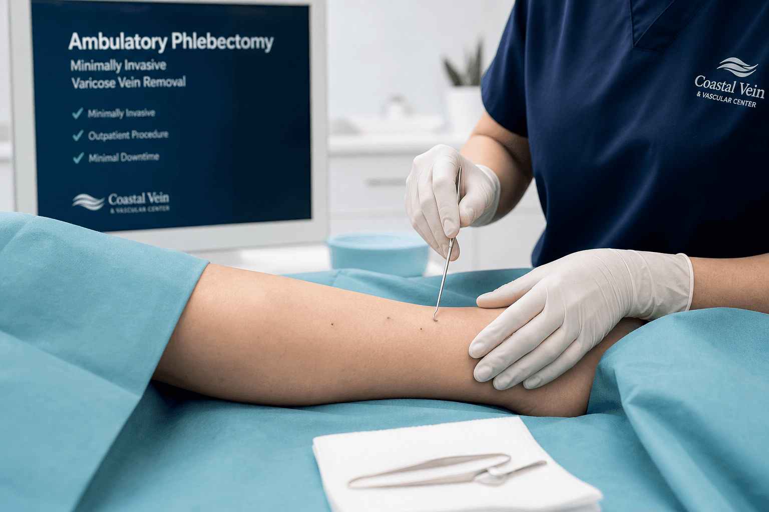Minimally invasive ambulatory phlebectomy varicose vein removal procedure in New York