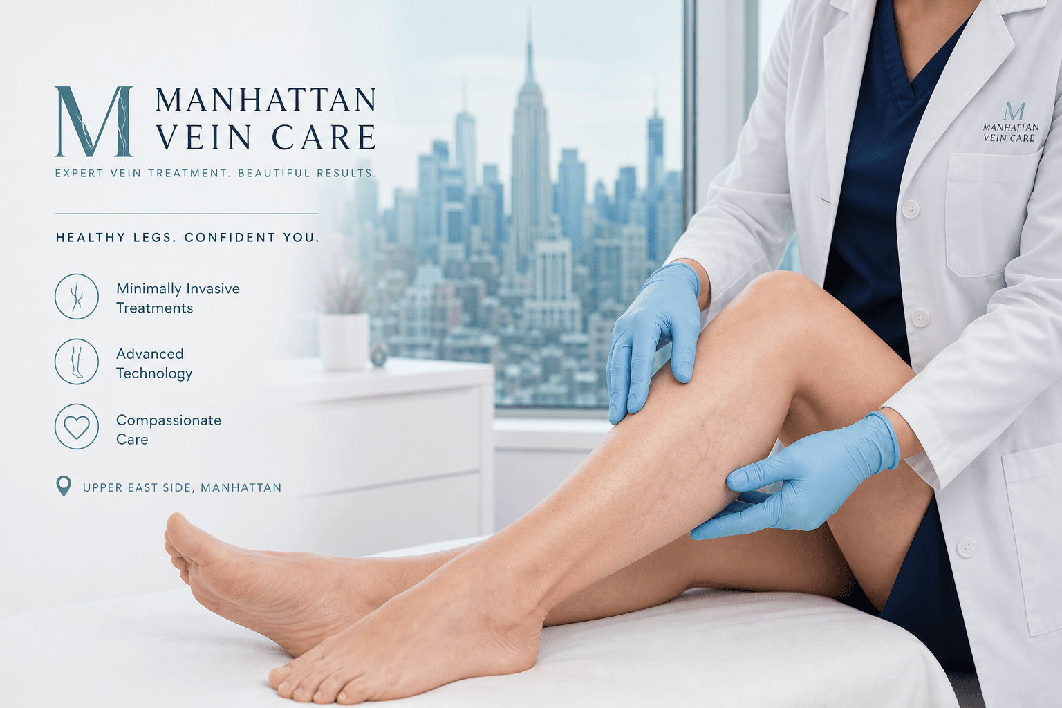 Vein specialist examining a patient's leg in a Manhattan clinic, varicose vein treatment New York