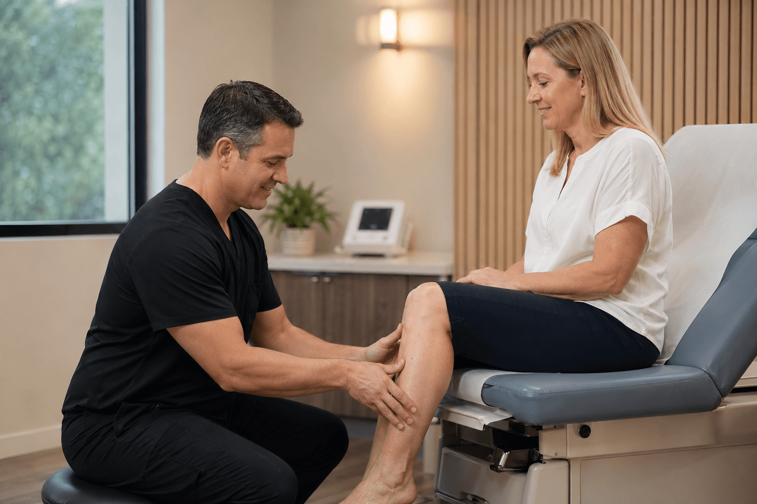 Friendly vein specialist conducting a free vein screening on a patient in a welcoming clinic