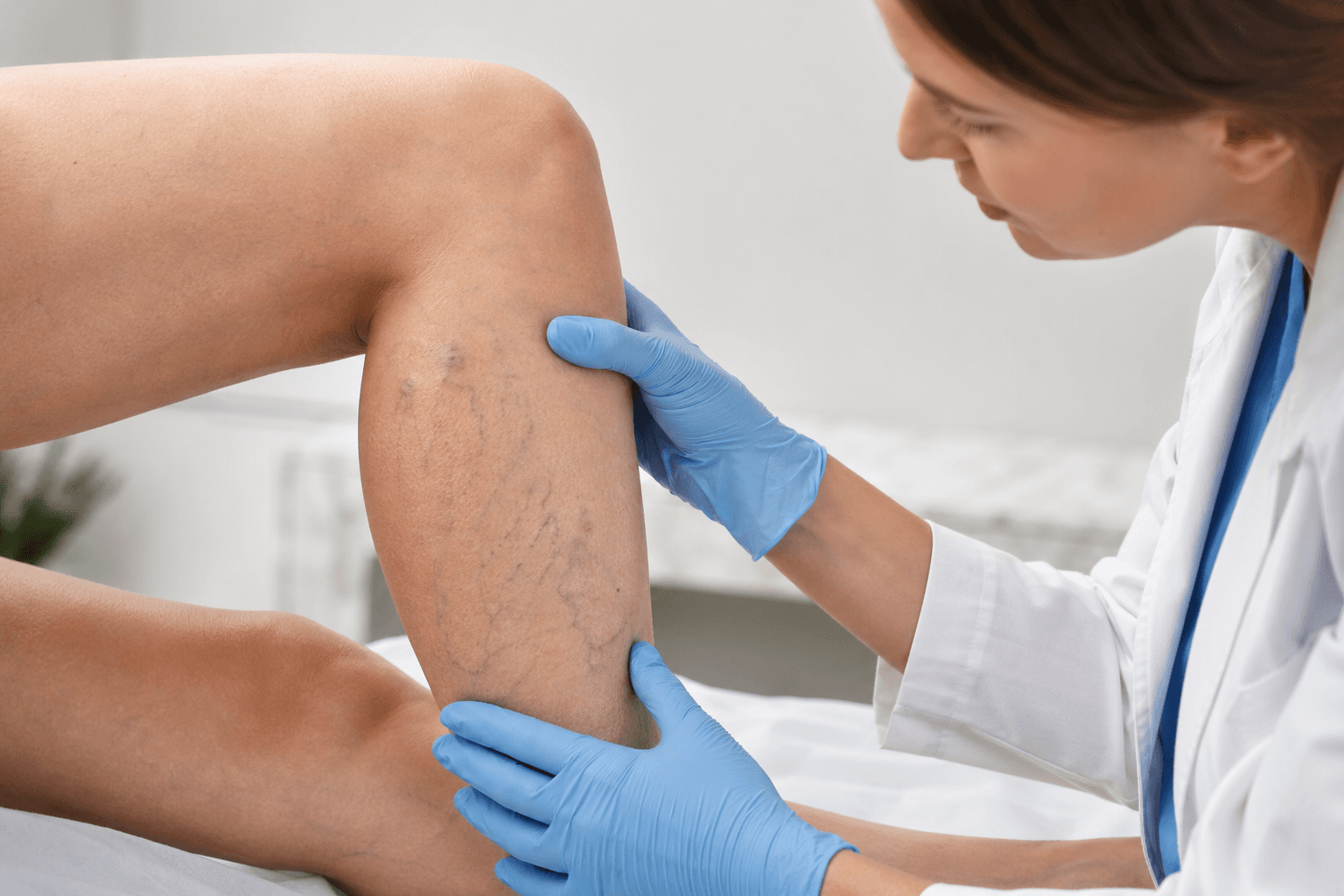 Doctor in gloves examining varicose veins on a patient's lower leg