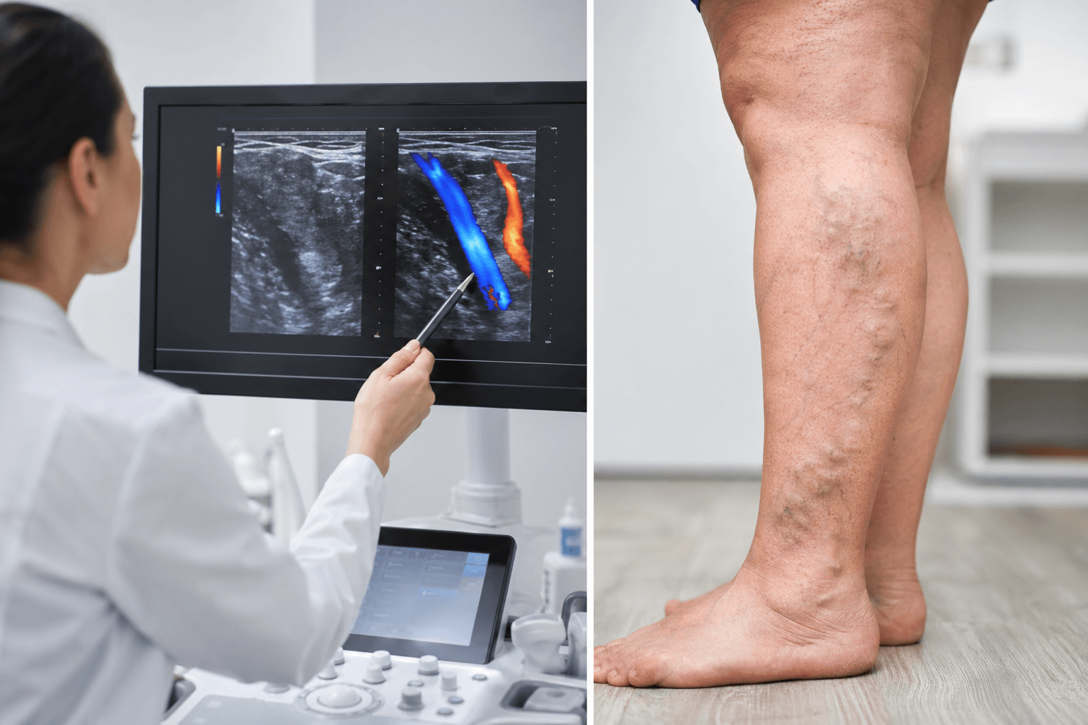 Doctor reviewing duplex ultrasound scan of veins alongside a patient's leg with venous insufficiency